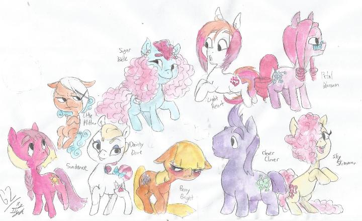 Size: 720x440 | Tagged: artist:iiyalovestobite, berry bright, clever clover, dainty dove (g2), derpibooru import, g2, g2 to g4, generation leap, lightheart, little flitter, petal blossom, safe, sky skimmer, sugar belle (g2), sundance (g2)