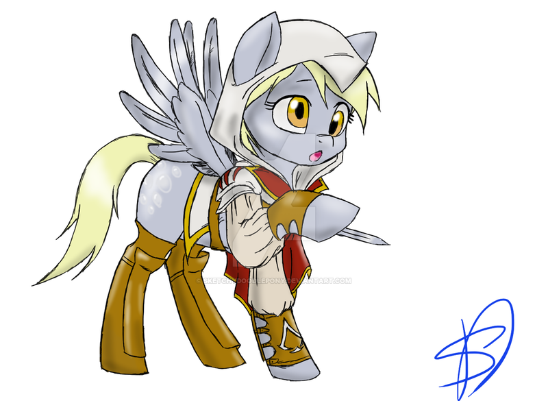 Size: 1024x749 | Tagged: safe, artist:renniksarts, derpibooru import, derpy hooves, pegasus, pony, assassin's creed, boots, bracer, clothes, crossover, cutie mark, female, hidden blade, hood, hoof blades, hoof boots, mare, open mouth, shirt, shoes, simple background, solo, spread wings, watermark, white background, wings