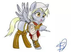 Size: 1024x749 | Tagged: safe, artist:renniksarts, derpibooru import, derpy hooves, pegasus, pony, assassin's creed, boots, bracer, clothes, crossover, cutie mark, female, hidden blade, hood, hoof blades, hoof boots, mare, open mouth, shirt, shoes, simple background, solo, spread wings, watermark, white background, wings