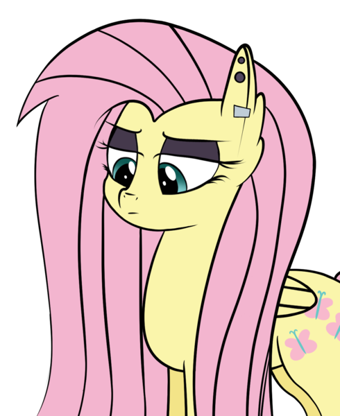 Size: 1082x1325 | Tagged: safe, artist:shobieshy, derpibooru import, fluttershy, pegasus, pony, fake it 'til you make it, colored, cutie mark, ear fluff, ear piercing, eyebrows, eyelashes, eyeshadow, female, flat colors, fluttergoth, looking down, makeup, piercing, simple background, solo, transparent background, unamused