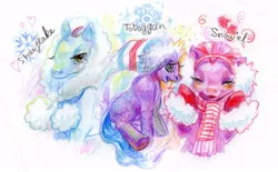 Size: 600x372 | Tagged: artist:fran-foxxx, derpibooru import, g3, safe, snow'el, snowflake (g3), toboggan (g3)