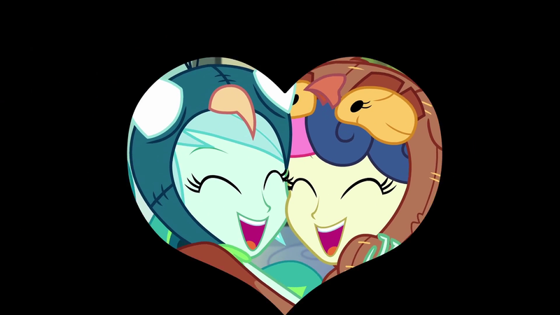 Size: 1920x1080 | Tagged: safe, derpibooru import, screencap, bon bon, lyra heartstrings, sweetie drops, bird, owl, peacock, all's fair in love and friendship games, equestria girls, friendship games, adorabon, best friends, bird costume, bon owl, cute, duo, female, happy, heart, hug, laughing, lesbian, lyrabetes, lyrabon, nuzzling, shipping, smiling