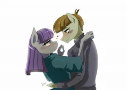 Size: 1954x1388 | Tagged: safe, artist:traupa, derpibooru import, boulder (pet), maud pie, mudbriar, anthro, earth pony, the maud couple, blushing, clothes, cute, female, floating heart, heart, looking at each other, male, maudbriar, profile, shipping, simple background, smiling, straight, when he smiles, when she smiles, white background