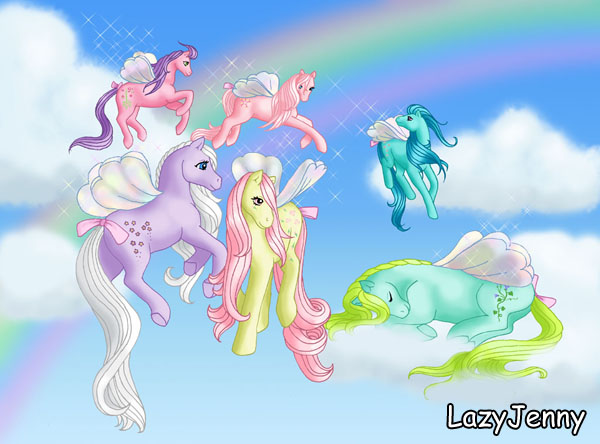 Size: 600x444 | Tagged: artist:lazyjenny, derpibooru import, forget me not, g1, honeysuckle, lily (g1), morning glory, peach blossom, rosedust, safe