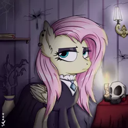 Size: 2000x2000 | Tagged: safe, artist:viejillox64art, derpibooru import, fluttershy, pegasus, pony, fake it 'til you make it, alternate hairstyle, clothes, ear piercing, eyeshadow, female, fluttergoth, goth, gothic, looking at you, makeup, mare, piercing, solo