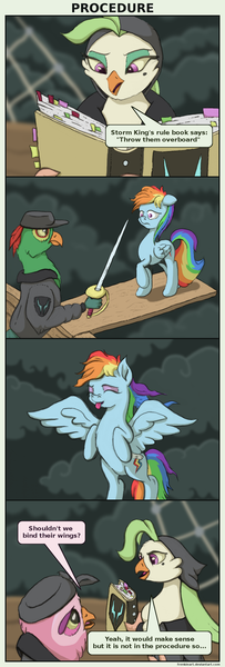 Size: 1116x3300 | Tagged: safe, artist:frenkieart, derpibooru import, captain celaeno, lix spittle, mullet (character), rainbow dash, parrot pirates, my little pony: the movie, book, comic, eyes closed, pirate, plank, storm king's messenger outfit, sword, tongue out, weapon