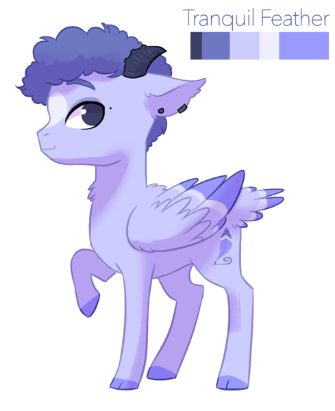 Size: 1203x1477 | Tagged: safe, artist:kianamai, derpibooru import, oc, oc:tranquil feather, unofficial characters only, goat, goat pony, hybrid, pegasus, pony, blaze (coat marking), cloven hooves, digital art, ear piercing, earring, horns, jewelry, mole, piercing, ponysona, raised hoof, reference sheet, simple background, solo, tail feathers, transparent background, wings