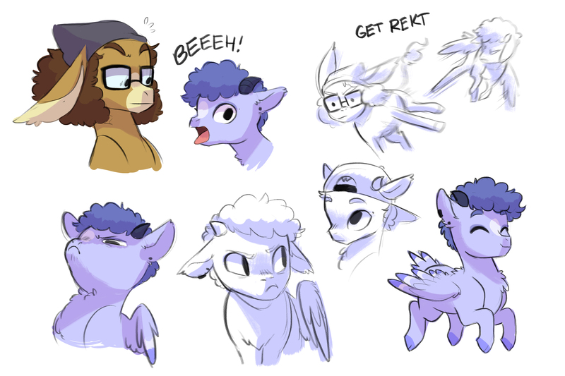 Size: 3000x2000 | Tagged: safe, artist:kianamai, derpibooru import, oc, oc:tranquil feather, oc:wandering mind, donkey, goat, goat pony, hybrid, mule, pegasus, pony, angry, bandana, baseball cap, blaze (coat marking), bleating, cap, cloven hooves, descriptive noise, digital art, donkey oc, ear piercing, earring, faic, female, fight, flying, glasses, hat, horn, jewelry, kicking, lesbian, lopolala, oc x oc, piercing, ponysona, pouting, pronking, rekt, shipping, surprised, tail feathers, wings, yelling