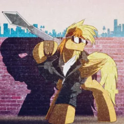 Size: 1500x1500 | Tagged: safe, artist:ruhisu, derpibooru import, oc, oc:brave wing, pegasus, pony, 80's fashion, badass, bean bandit, city, cityscape, clothes, gunsmith cats, jacket, leather jacket, male, rpg-7, scar, solo, stallion, sunglasses, wall