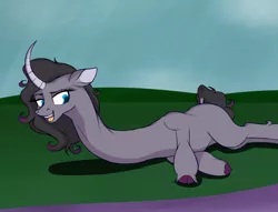 Size: 1280x978 | Tagged: safe, artist:astr0zone, derpibooru import, oleander (tfh), unicorn, them's fightin' herds, community related, impossibly long neck, long neck, lying down, necc, side, solo, tall, unshorn fetlocks