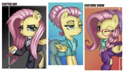 Size: 2973x1695 | Tagged: safe, artist:theprince, derpibooru import, fluttershy, pegasus, pony, fake it 'til you make it, abstract background, alternate hairstyle, clothes, ear piercing, earring, eyeshadow, female, fluttergoth, glasses, hat, hipstershy, jewelry, lidded eyes, makeup, mare, one eye closed, piercing, raised leg, scarf, severeshy, triality, wink