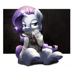 Size: 2388x2183 | Tagged: safe, artist:theprince, derpibooru import, rarity, pony, unicorn, abstract background, canada, canadian flag, clothes, crossover, cute, female, frog (hoof), frost (r6s), jacket, lidded eyes, mare, rainbow six, rainbow six siege, sitting, smiling, solo, underhoof