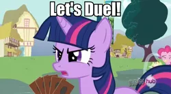 Size: 840x462 | Tagged: caption, derpibooru import, edit, image macro, let's duel, magic duel, pinkie pie, safe, screencap, text, twilight sparkle, yu-gi-oh!