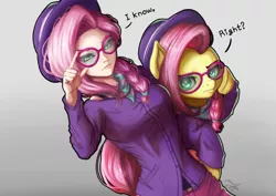 Size: 1024x723 | Tagged: safe, artist:the-park, derpibooru import, fluttershy, human, pony, fake it 'til you make it, alternate hairstyle, duo, female, hipstershy, human ponidox, humanized, looking at you, self ponidox, simple background