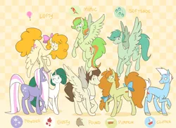 Size: 1558x1132 | Tagged: safe, artist:egophiliac, derpibooru import, part of a set, gusty, lofty, mimic (g1), pound cake, powder, pumpkin cake, oc, oc:softshoe, earth pony, pegasus, pony, unicorn, slice of pony life, g1, abstract background, apron, bow, brother and sister, cake twins, clipper (g1), clothes, description is relevant, female, flying, g1 to g4, generation leap, hair bow, image, long mane, long tail, male, mare, older, older cake twins, older pound cake, older pumpkin cake, png, raised hoof, siblings, spread wings, stallion, tail bow, twins, wings