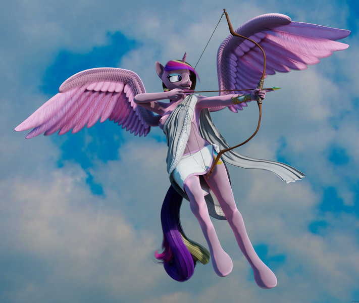 Size: 3840x3240 | Tagged: 3d, alicorn, anthro, archery, armpits, arrow, artist:stellarator, blender, bow and arrow, bow (weapon), breasts, cupid, cupidance, cycles, derpibooru import, female, fine art emulation, flying, high res, hooves, horn, mare, nipples, not sfm, nudity, princess cadance, questionable, smiling, smirk, solo, solo female, unguligrade anthro, weapon, wings