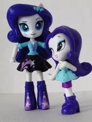 Size: 1050x1400 | Tagged: safe, artist:whatthehell!?, derpibooru import, rarity, equestria girls, equestria girls series, boots, clothes, doll, dress, duality, equestria girls minis, irl, photo, self paradox, shoes, skirt, smiley face, stars, toy, ultra minis