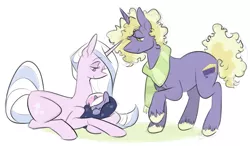 Size: 900x527 | Tagged: safe, artist:egophiliac, derpibooru import, part of a set, boysenberry pie, milky way (g1), powder, pony, unicorn, slice of pony life, description is relevant, family, father and child, father and daughter, female, filly, g1, g1 to g4, generation leap, male, mare, mother and child, mother and daughter, prone, raised hoof, simple background, stallion, trio, white background