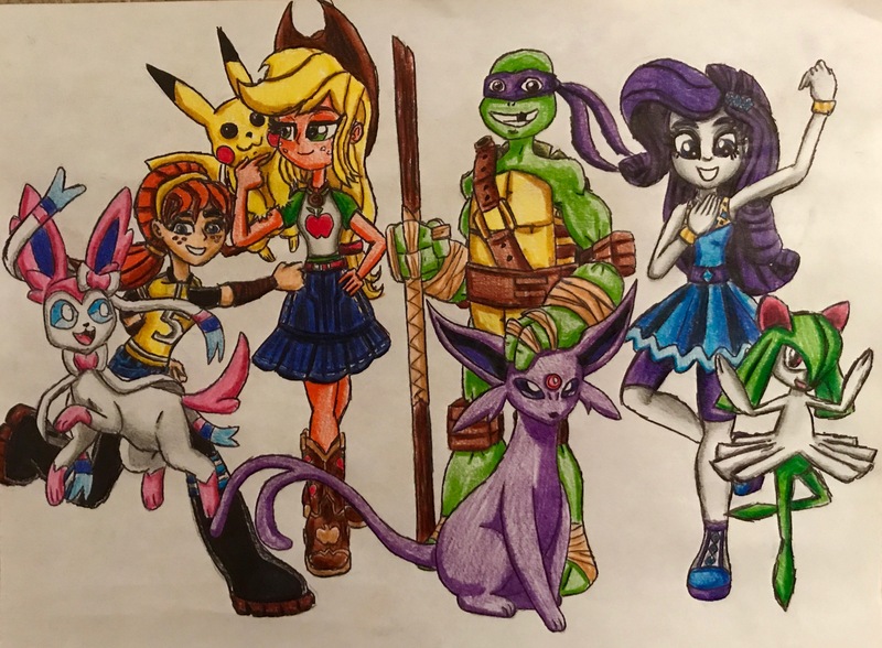 Size: 3388x2491 | Tagged: safe, artist:bozzerkazooers, derpibooru import, applejack, rarity, espeon, kirlia, pikachu, sylveon, equestria girls, equestria girls series, april o'neil, crossover, donatello, pokémon, teenage mutant ninja turtles, tmnt 2012, traditional art