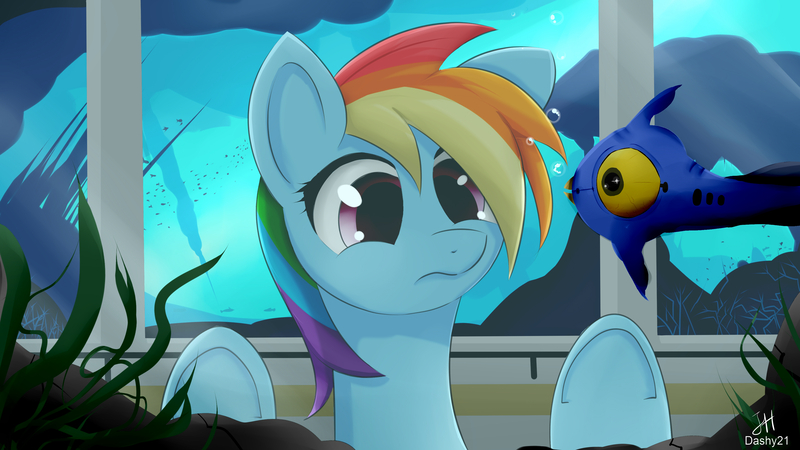 Size: 3840x2160 | Tagged: safe, artist:dashy21, derpibooru import, rainbow dash, peeper (subnautica), pegasus, pony, against glass, crossover, female, glass, hair over one eye, mare, signature, subnautica, underhoof, underwater