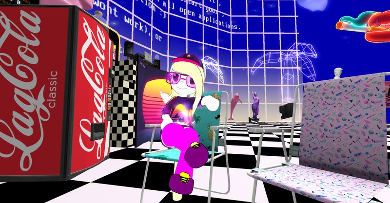 Size: 1920x1001 | Tagged: a e s t h e t i c s, derpibooru import, macintosh (computer), oc, oc:solari melody, purple, safe, second life, semi-anthro, soda, vaporwave