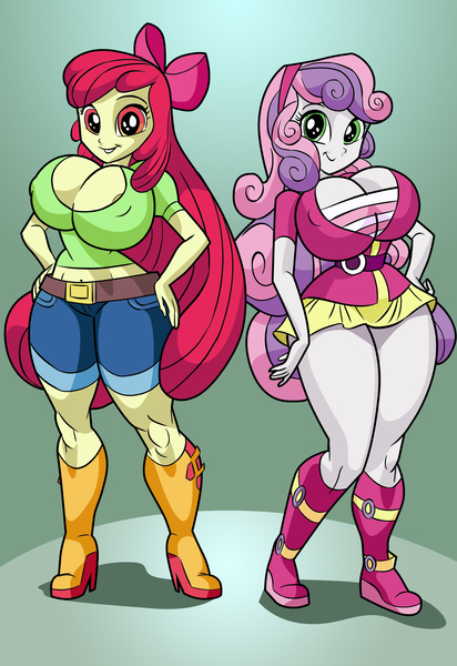 Size: 1755x2554 | Tagged: source needed, questionable, artist:art-2u, derpibooru import, apple bloom, sweetie belle, equestria girls, apple bloom's bow, areola, areola slip, big breasts, bimbo, bimbo bloom, boots, bow, breasts, busty apple bloom, busty sweetie belle, cleavage, clothes, curvy, duo, erect nipples, female, females only, hair bow, high heel boots, hourglass figure, huge breasts, midriff, nipple outline, nipple slip, nipples, nudity, older, older apple bloom, older sweetie belle, sexy, shoes, stupid sexy apple bloom, stupid sexy sweetie belle, sweetie bimbo, thick, thighs, wardrobe malfunction