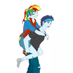 Size: 1800x1800 | Tagged: safe, artist:helgabuttercup, derpibooru import, rainbow dash, soarin', equestria girls, carrying, equestria girls-ified, female, injured, male, piggyback ride, shipping, soarindash, straight