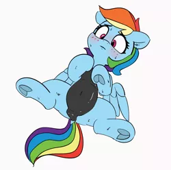 Size: 3259x3227 | Tagged: suggestive, artist:pabbley, derpibooru import, rainbow dash, pegasus, pony, blushing, clothes, cute, dashabetes, female, frog (hoof), hoofbutt, mare, one-piece swimsuit, smiling, solo, solo female, spread legs, spreading, swimsuit, underhoof