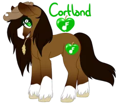 Size: 502x422 | Tagged: safe, artist:purecrazycreate, derpibooru import, oc, oc:cortland oak, unofficial characters only, earth pony, pony, blaze (coat marking), cowboy hat, hat, male, offspring, parent:applejack, parent:troubleshoes clyde, parents:troublejack, simple background, socks (coat marking), solo, stallion, stetson, straw in mouth, transparent background, unshorn fetlocks