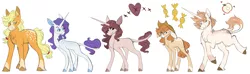 Size: 8500x2500 | Tagged: safe, artist:uunicornicc, derpibooru import, applejack, rarity, oc, oc:apple chip, oc:butterscotch, oc:heart stitcher, earth pony, pony, unicorn, applejack's hat, chest fluff, cloven hooves, coat markings, cowboy hat, dappled, ear fluff, eyeshadow, facial hair, female, hair tie, hat, horn, leonine tail, lesbian, long horn, looking back, magical lesbian spawn, makeup, male, mare, missing accessory, missing cutie mark, next generation, offspring, parent:applejack, parent:rarity, parents:rarijack, rarijack, reference sheet, shipping, simple background, size difference, smiling, stallion, unshorn fetlocks, white background