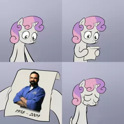 Size: 2000x2000 | Tagged: artist:lemondevil, billy mays, crying, derpibooru import, edit, exploitable meme, meme, obligatory pony, paper, sad, safe, sweetie belle, sweetie's note meme