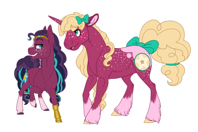 Size: 3000x2000 | Tagged: safe, artist:jackiebloom, derpibooru import, oc, oc:ambrosia apple, oc:zap apple, unofficial characters only, earth pony, pony, unicorn, amputee, blaze (coat marking), bow, coat markings, cousins, duo, female, freckles, hair bow, hair tie, high res, magical lesbian spawn, mare, next generation, offspring, parent:applejack, parent:big macintosh, parent:coloratura, parent:sugar belle, parents:rarajack, parents:sugarmac, prosthetic leg, prosthetic limb, prosthetics, raised hoof, simple background, socks (coat marking), tail bow, transparent background, unshorn fetlocks