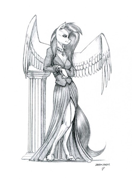 Size: 1000x1363 | Tagged: anthro, artist:baron engel, clothes, derpibooru import, dress, fake it 'til you make it, fluttergoth, fluttershy, goth, grayscale, monochrome, safe, signature, simple background, traditional art, unguligrade anthro, white background