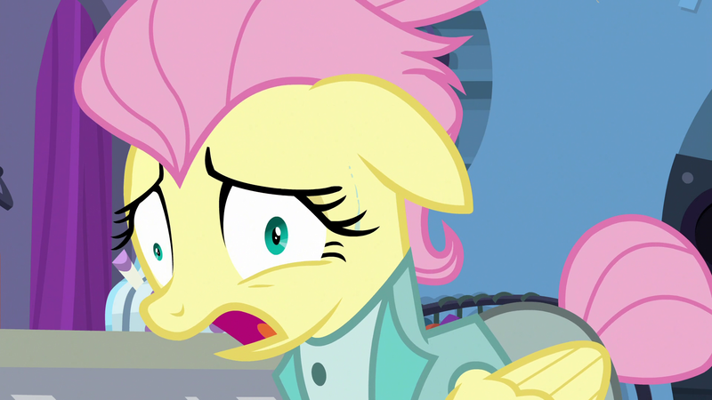 Size: 1920x1080 | Tagged: safe, derpibooru import, screencap, fluttershy, pegasus, pony, fake it 'til you make it, alternate hairstyle, derp, faic, female, scared, severeshy, solo, sweat