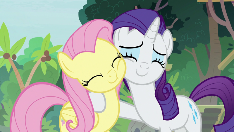 Size: 1920x1080 | Tagged: safe, derpibooru import, screencap, fluttershy, rarity, pegasus, pony, unicorn, fake it 'til you make it, cheek squish, cute, daaaaaaaaaaaw, duo, eyes closed, female, hnnng, hug, mare, nuzzling, raribetes, shyabetes, side hug, squishy cheeks