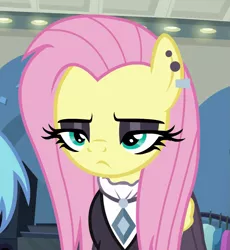 Size: 849x924 | Tagged: safe, derpibooru import, screencap, fluttershy, pegasus, pony, fake it 'til you make it, clothes, cropped, ear piercing, earring, eyeshadow, female, fluttergoth, fluttershy is not amused, frown, goth, jewelry, makeup, mare, offscreen character, piercing, solo, solo focus, unamused