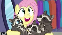 Size: 1920x1080 | Tagged: safe, derpibooru import, screencap, fluttershy, smoky, smoky jr., softpad, pony, raccoon, fake it 'til you make it, cute, hug, regular show, rigby