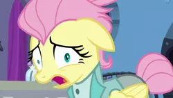 Size: 1920x1080 | Tagged: safe, derpibooru import, screencap, fluttershy, pegasus, pony, fake it 'til you make it, alternate hairstyle, clothes, derp, faic, female, mare, open mouth, severeshy, solo