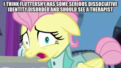 Size: 1920x1080 | Tagged: safe, derpibooru import, edit, edited screencap, screencap, fluttershy, pegasus, pony, fake it 'til you make it, alternate hairstyle, caption, clothes, dissociation, dissociative identity disorder, female, image macro, mare, meme, mental illness, multiple personality, nervous, open mouth, severeshy, text