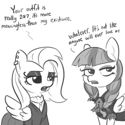 Size: 1650x1650 | Tagged: safe, artist:tjpones, derpibooru import, fluttershy, inky rose, pegasus, pony, fake it 'til you make it, dialogue, duo, emo, eyeshadow, fluttergoth, goth, grayscale, makeup, monochrome, open mouth