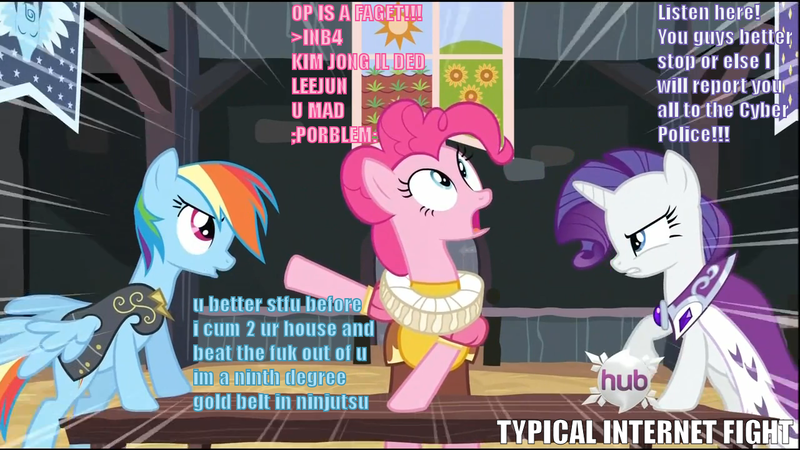 Size: 1280x720 | Tagged: chancellor puddinghead, commander hurricane, derpibooru import, hearth's warming eve, hearth's warming eve (episode), hub logo, internet fight, meta, op is a faggot, pinkie pie, princess platinum, rainbow dash, rarity, safe, screencap