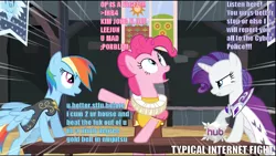 Size: 1280x720 | Tagged: chancellor puddinghead, commander hurricane, derpibooru import, hearth's warming eve, hearth's warming eve (episode), hub logo, internet fight, meta, op is a faggot, pinkie pie, princess platinum, rainbow dash, rarity, safe, screencap