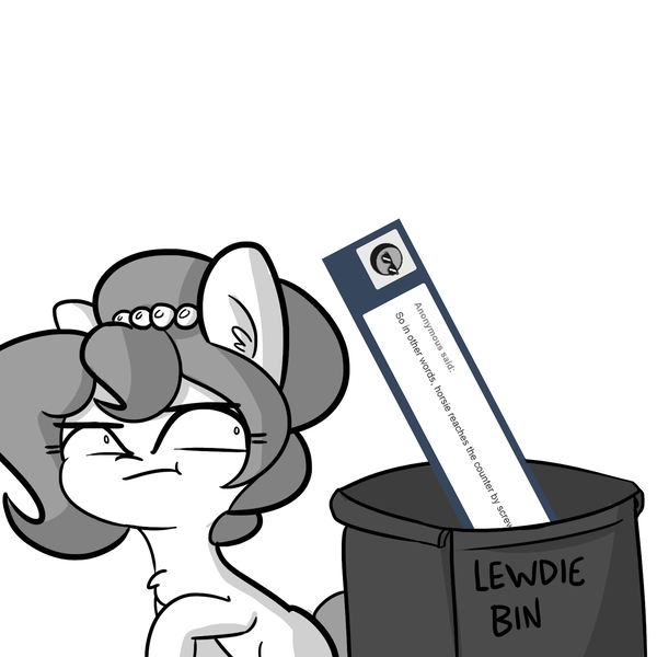 Size: 1650x1650 | Tagged: safe, artist:tjpones, derpibooru import, oc, oc:brownie bun, unofficial characters only, earth pony, pony, horse wife, :|, ask, chest fluff, ear fluff, female, grayscale, lewd, mare, monochrome, pun, simple background, solo, trash can, tumblr, white background