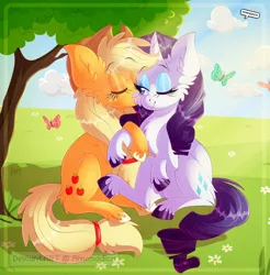 Size: 1024x1040 | Tagged: safe, artist:amanddica, derpibooru import, applejack, rarity, butterfly, earth pony, pony, unicorn, applejack's hat, art trade, chest fluff, cowboy hat, cute, cutie mark, daaaaaaaaaaaw, ear fluff, eyes closed, female, fluffy, freckles, hair tie, hat, kissing, lesbian, mare, one eye closed, rarijack, shipping, sitting, smiling, tree