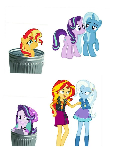 Size: 3106x4096 | Tagged: safe, derpibooru import, starlight glimmer, sunset shimmer, trixie, equestria girls, abuse, downvote bait, drama, female, glimmerbuse, lesbian, op isn't even trying anymore, sad, scaredy glimmer, shimmerbuse, shipping, simple background, starlight drama, startrix, sunset shimmer's trash can, suntrix, trash can, white background