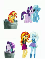 Size: 3106x4096 | Tagged: safe, derpibooru import, starlight glimmer, sunset shimmer, trixie, equestria girls, abuse, downvote bait, drama, female, glimmerbuse, lesbian, op isn't even trying anymore, sad, scaredy glimmer, shimmerbuse, shipping, simple background, starlight drama, startrix, sunset shimmer's trash can, suntrix, trash can, white background