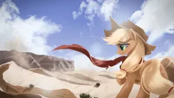 Size: 1920x1080 | Tagged: safe, artist:fluttersheeeee, derpibooru import, applejack, earth pony, pony, applejack's hat, clothes, cowboy hat, desert, female, hat, lens flare, mare, scarf, solo, wallpaper