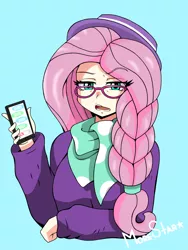 Size: 2736x3648 | Tagged: alternate hairstyle, artist:morestar, derpibooru import, fake it 'til you make it, fluttershy, glasses, hat, high res, hipstershy, human, humanized, mobile phone, phone, safe, solo