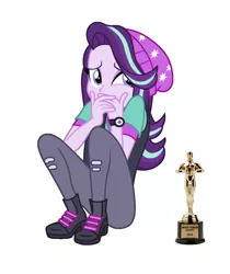 Size: 1056x1256 | Tagged: safe, derpibooru import, starlight glimmer, equestria girls, abuse, beanie, downvote bait, drama, glimmerbuse, hat, op isn't even trying anymore, oscar, sad, simple background, solo, starlight drama, white background