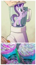 Size: 539x960 | Tagged: semi-grimdark, artist:cotora, artist:pink1ejack, derpibooru import, edit, starlight glimmer, pony, unicorn, 9gag, abuse, bipedal, blender (object), dank memes, downvote bait, drama, drink, edgy, female, food, frappuccino, glimmerbuse, hand, irrational exuberance, mare, meme, multicolored, open mouth, pony as food, smiling, solo, starbucks, starlight drama, this will end in death, this will end in tears, this will end in tears and/or death, unicorn frappuccino, wat, wikihow, will it blend